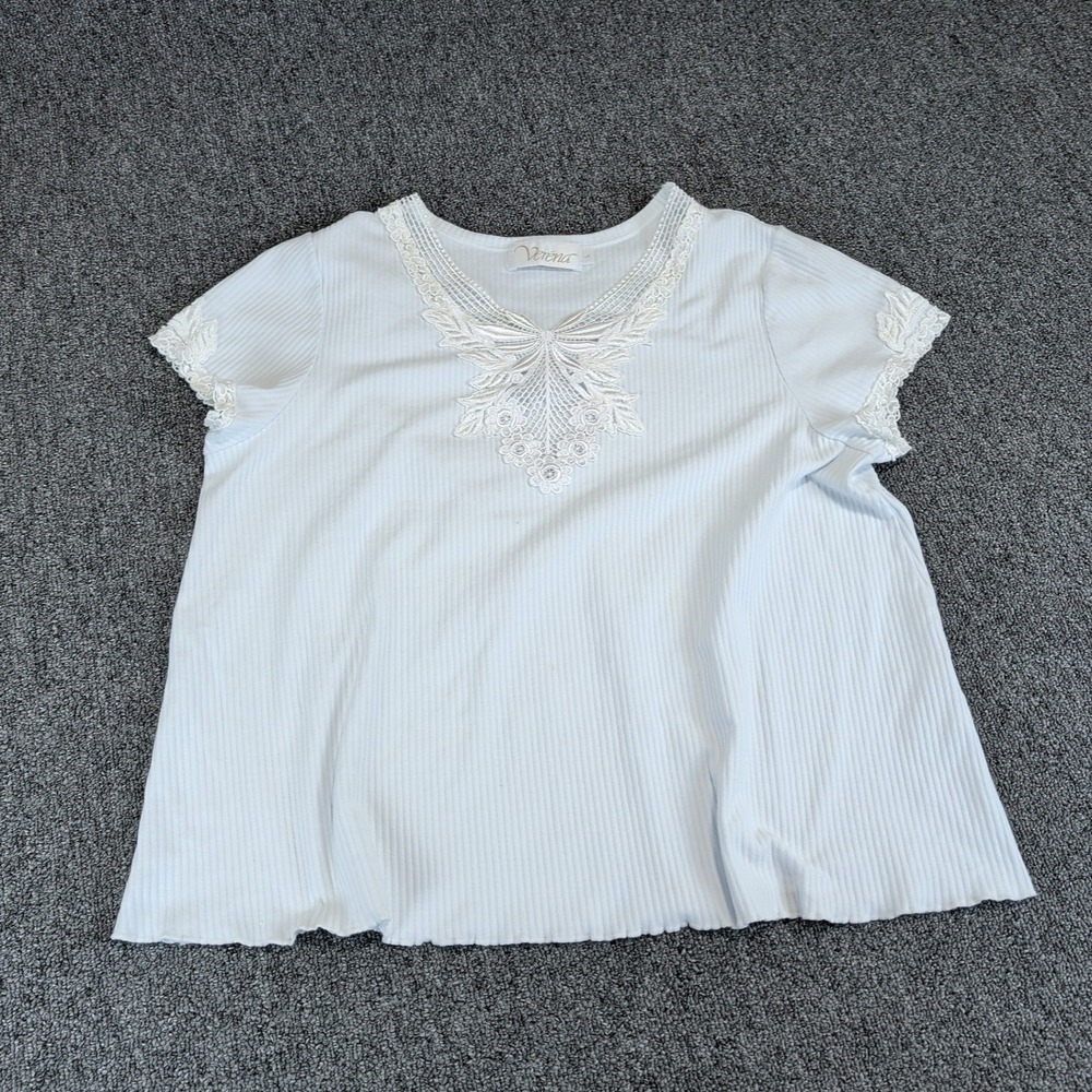Verena Womens Ribbed Knit Top L 100% Cotton Light Blue Lace Vintage USA V-Neck